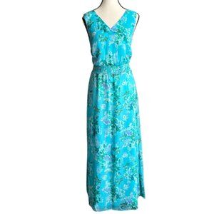 ISAAC MIZRAHI LIVE, BEAUTIFUL TURQUOISE FLORAL MAXI CHIFFON DRESS, SZ. 8
